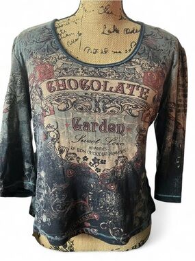 Dressbarn Floral Chocolate Garden Scoop Neck Long Sleeve Top - y2k style Size PL